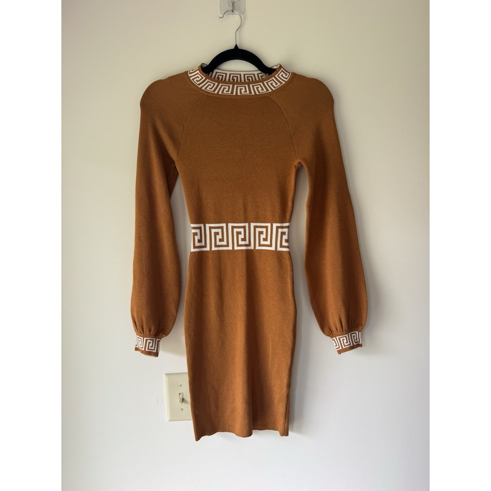 Love Always Long-Sleeve Rust Knit Dress White Greek Key Accents